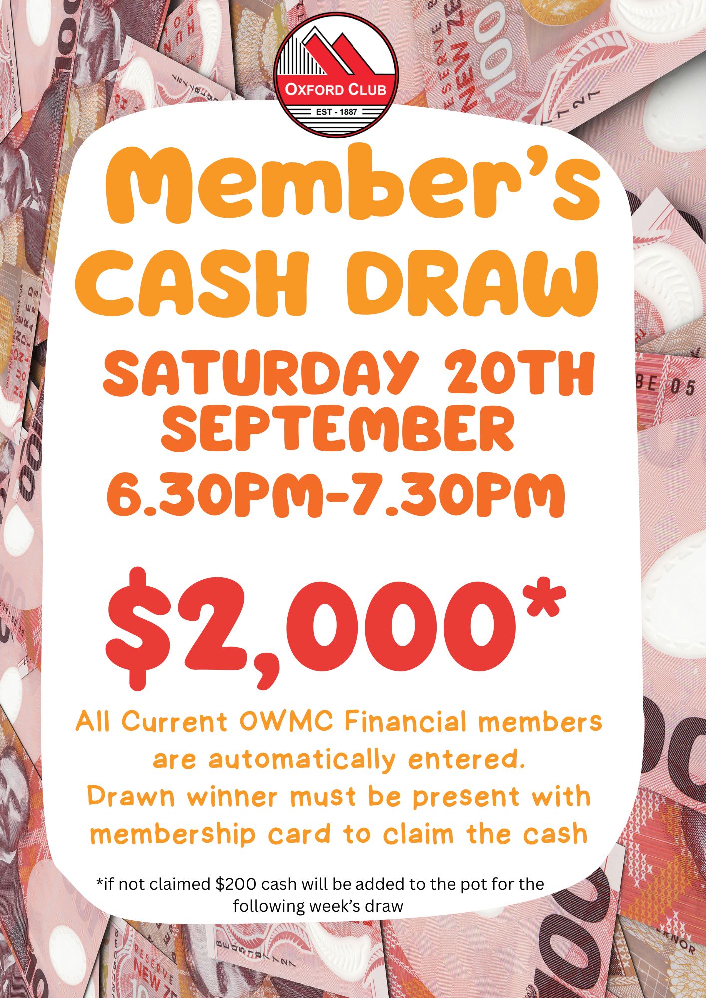 Members CASH DRAW Sat 20th Sept